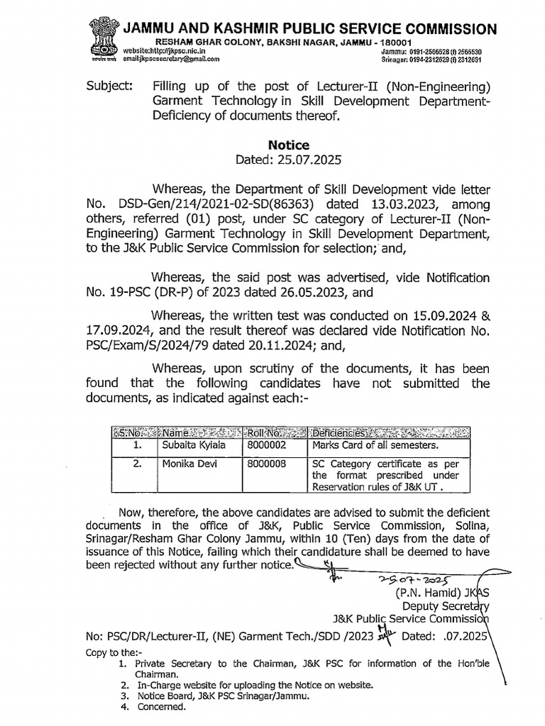 Deficiency Notice For The Post of LecturerII Non Engineering Garment ...