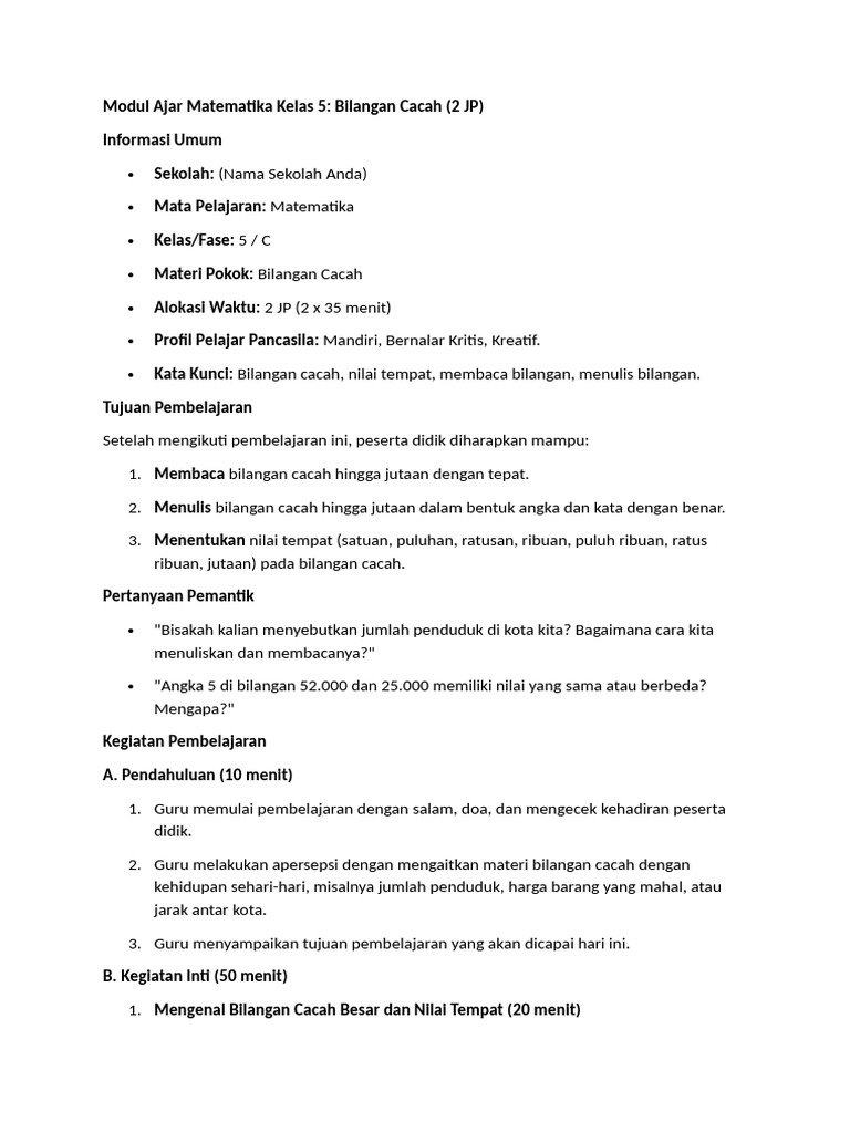 Modul Ajar Bilangan Cacah Kelas 5 | PDF