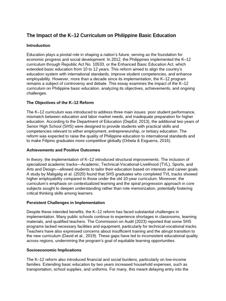 K–12 Curriculum Impact in the Philippines | PDF | Vocational Education ...