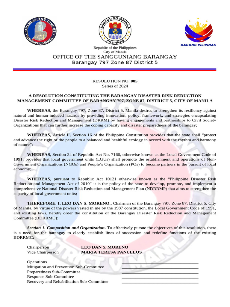 Reso 005 BDRRMC (Autorecovered) | PDF | Disaster Risk Reduction ...