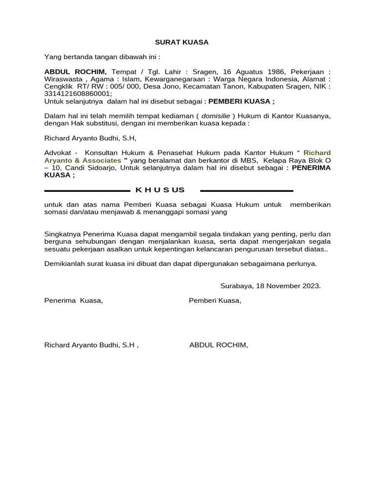 Surat Kuasa Pemberian Kuasa Hukum | PDF