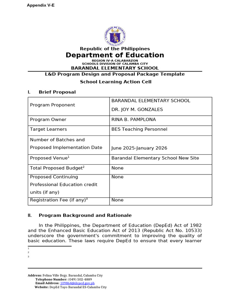 Barandal Elementary Literacy Program Proposal | PDF | Teachers | Learning