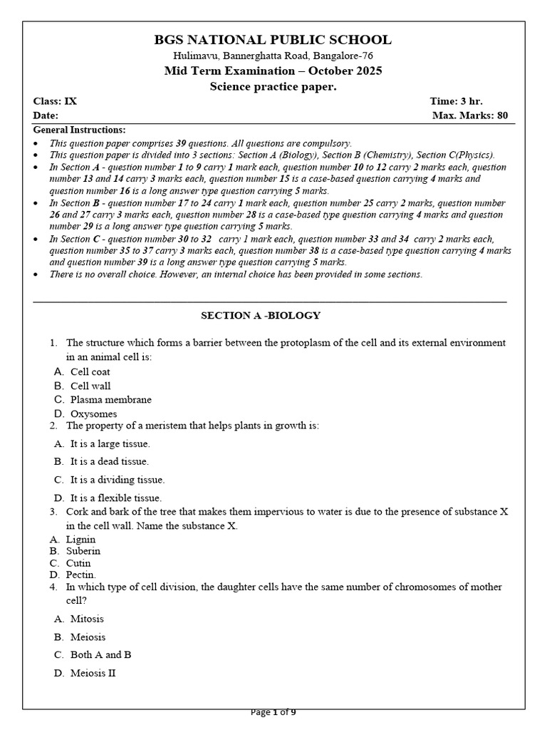 Class IX Science Mid Term Exam Paper | PDF | Tissue (Biology) | Mixture