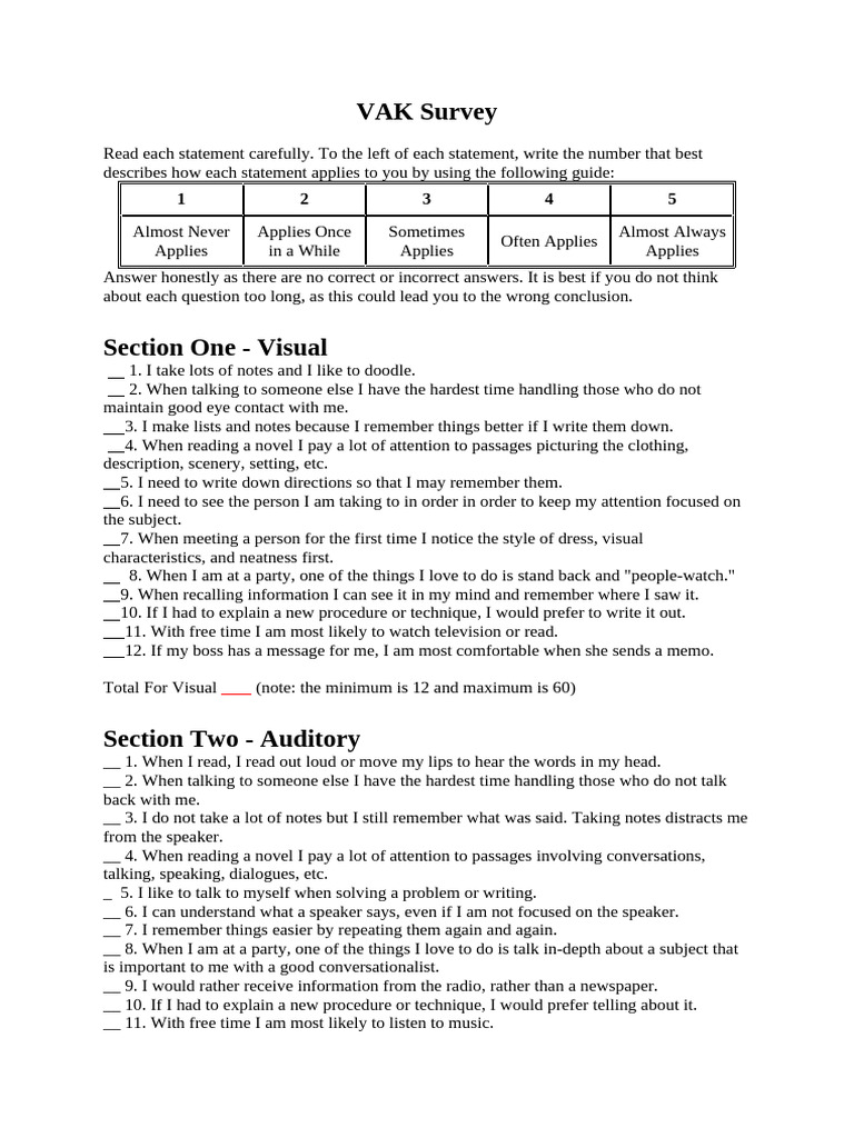 VAK Learning Style Survey Guide | PDF | Psychological Concepts | Human ...