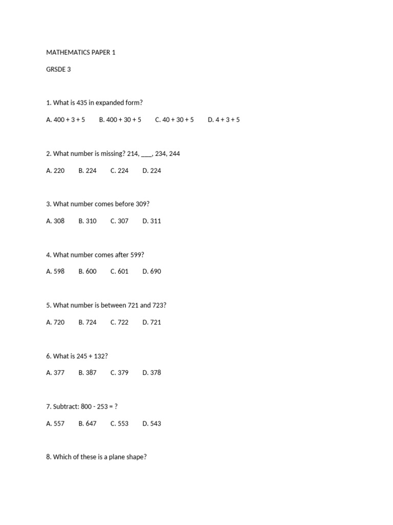 Grade 3 Mathematics Practice Questions | PDF | Shape | Elementary ...