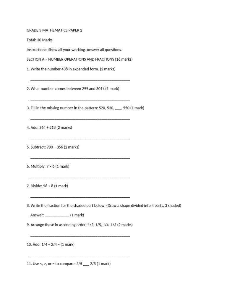 Grade 3 Math Test Paper 2 | PDF