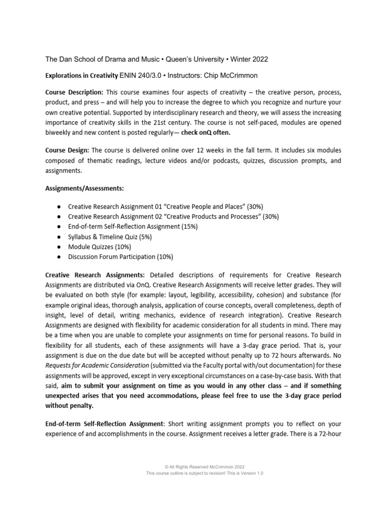 ENIN 240 Course Outline: Creativity | PDF | Turnitin | World Wide Web