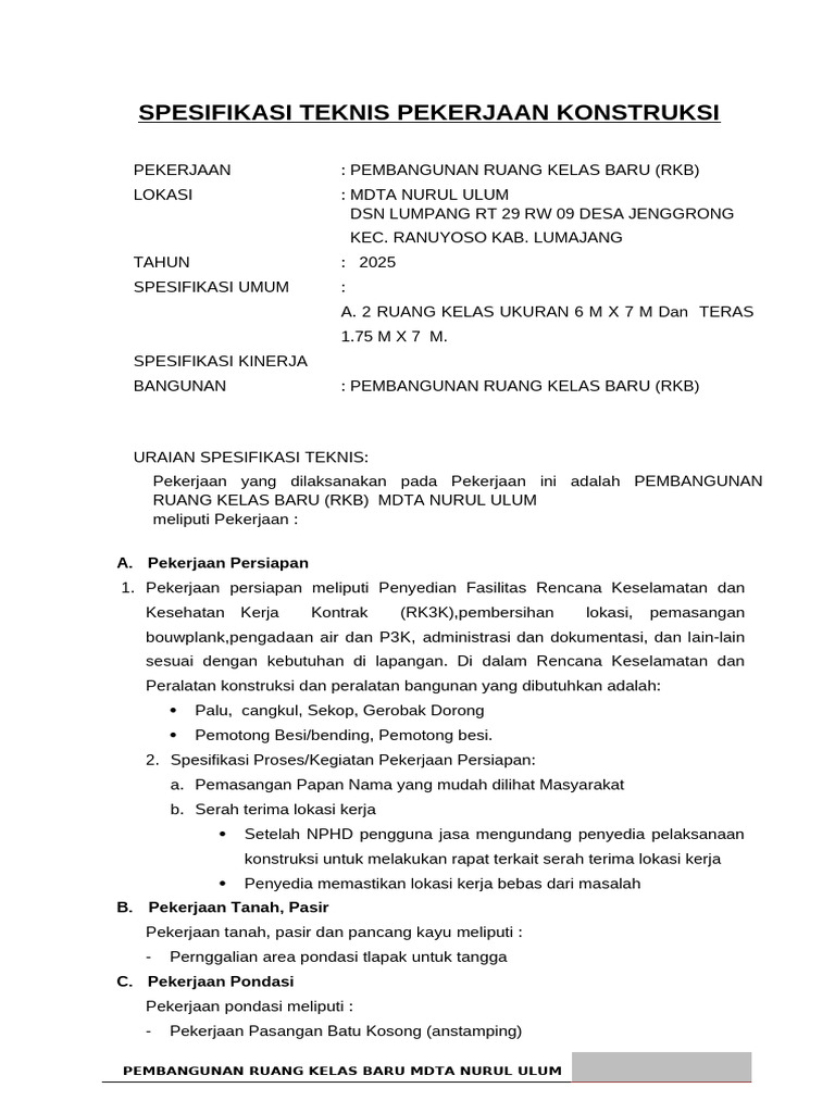 Spesifikasi Konstruksi Ruang Kelas MDTA | PDF