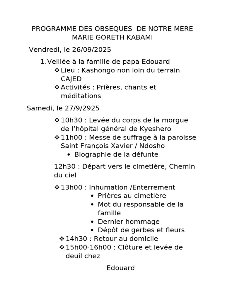 Programme des Obsèques de Marie Kabami | PDF