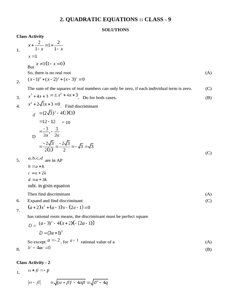 Class 9 Quadratic Equations Guide | PDF