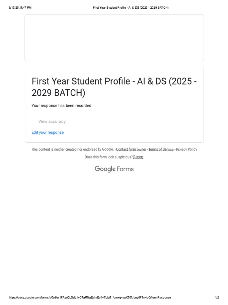 First Year Student Profile - AI & DS (2025 - 2029 BATCH) | PDF