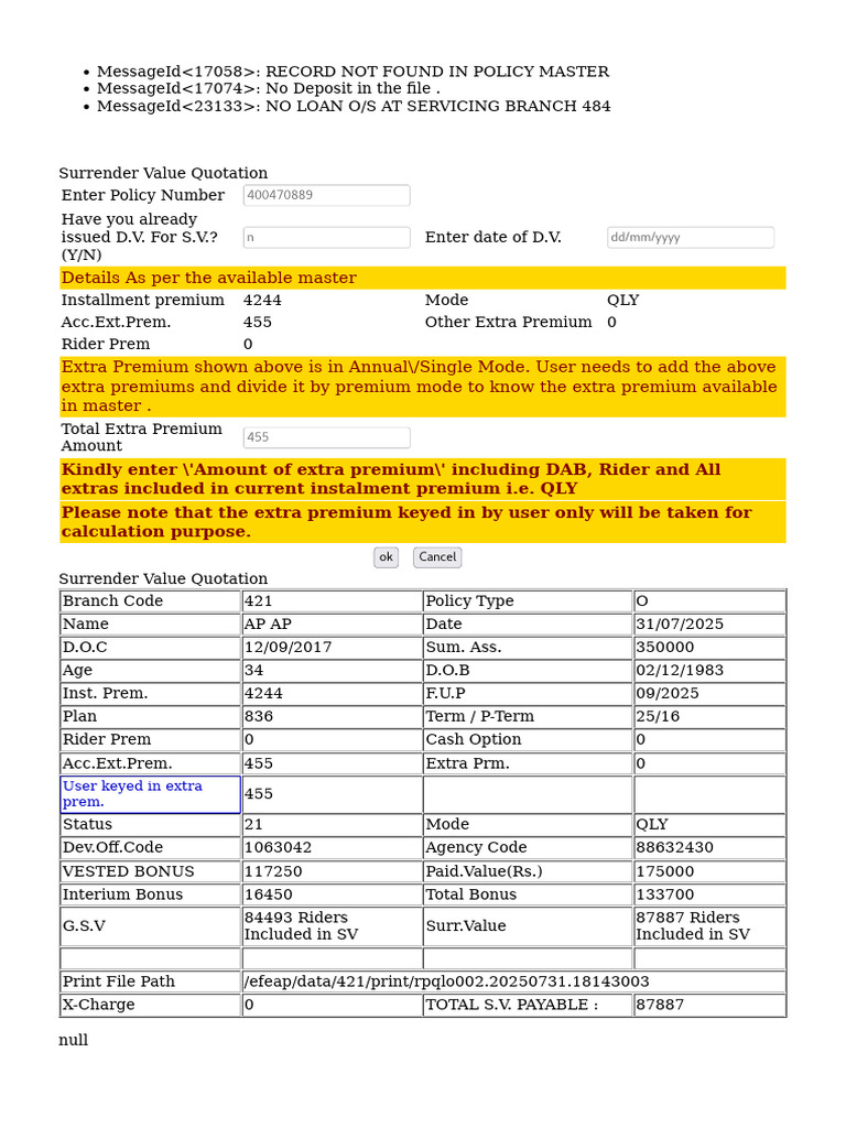 Surrender Value Quotation Details | PDF