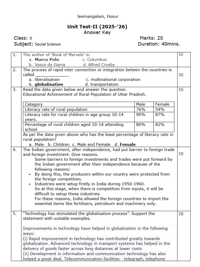 Class X Social Science Unit Test II Key | PDF | Income | Economic Growth