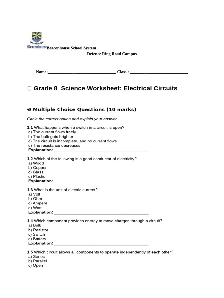 Grade 8 Electrical Circuits Worksheet | PDF | Series And Parallel ...