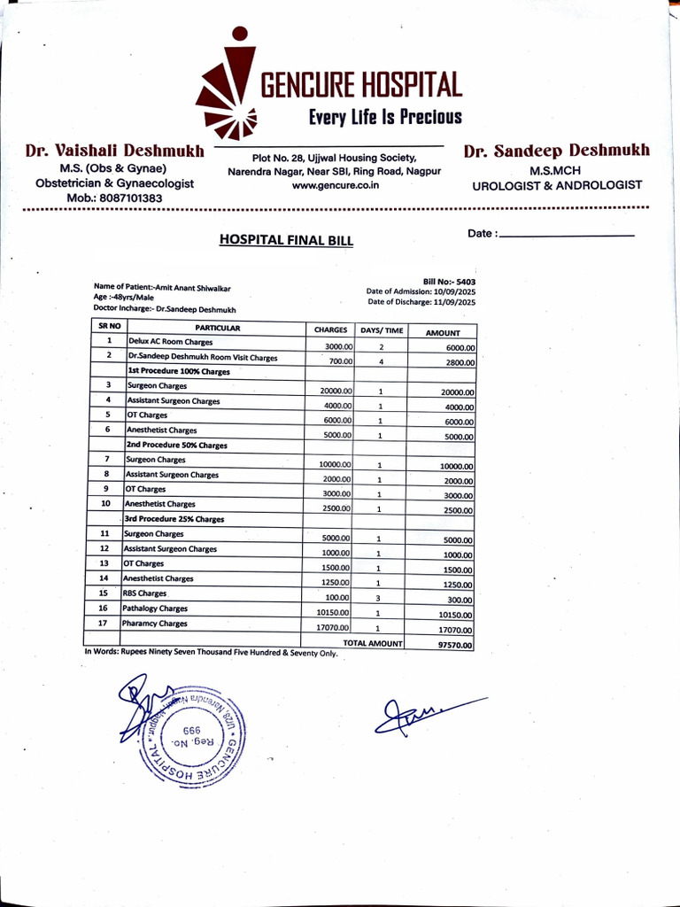 Hospital Final Bill | PDF
