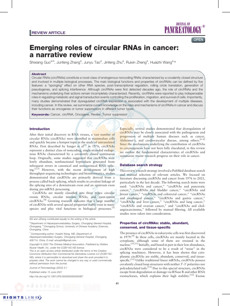 Guo Et Al 2021 Emerging Roles of Circular Rnas in Cancer A Narrative ...