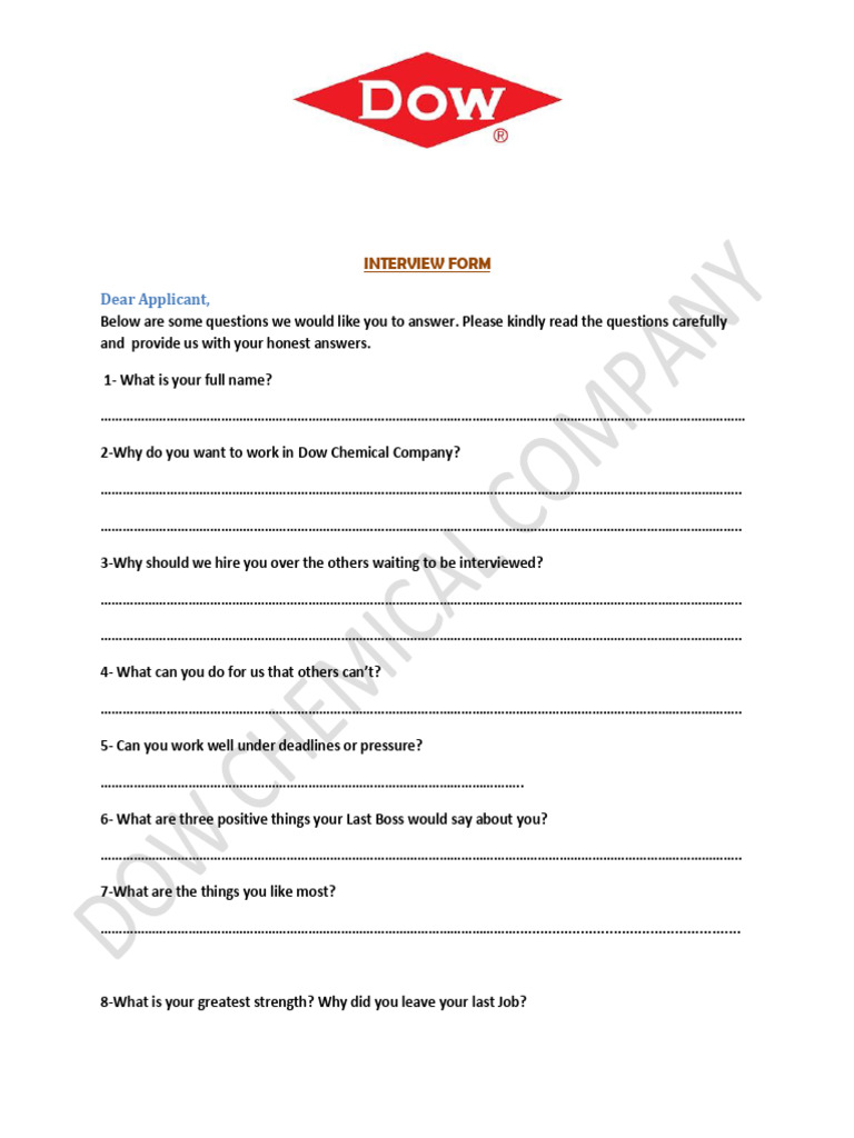 Dow Chemical Interview Questionnaire | PDF