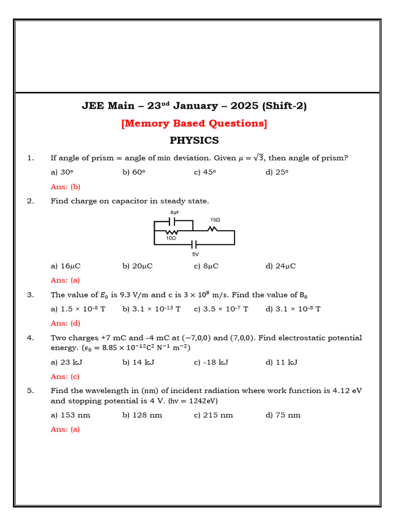 JEE Main 2025 Physics Chemistry Math Questions | PDF | Physical ...