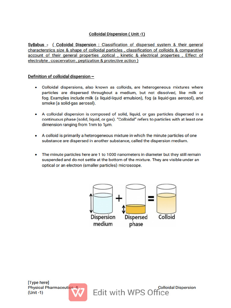 Colloidal Dispersion Unit 1 | PDF