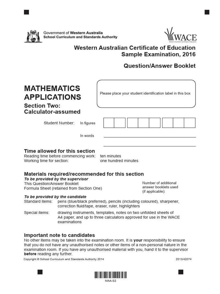 WACE 2016 Mathematics Applications Exam | PDF