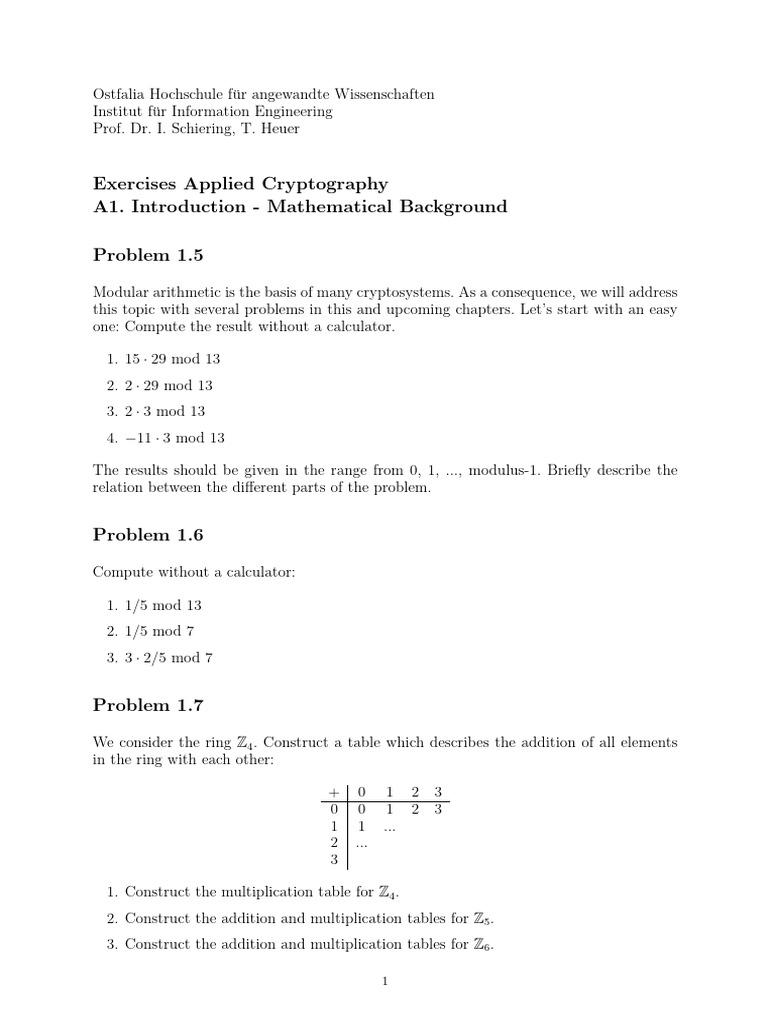 Applied Cryptography Exercises: Modular Arithmetic | PDF | Ring Theory ...