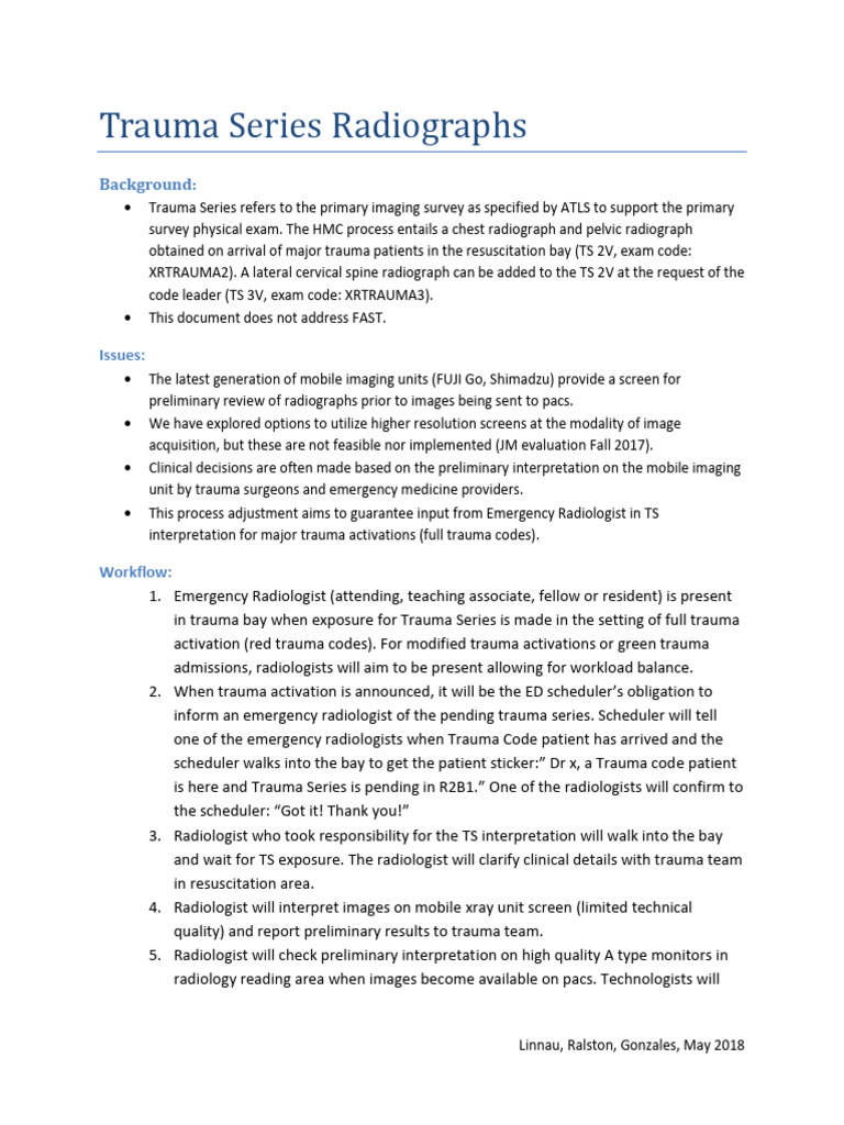 Trauma Series Work Flow 2018 Final | PDF | Radiology | Radiography
