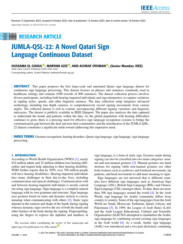JUMLA-QSL-22: Qatari Sign Language Dataset | PDF | Sign Language | Camera