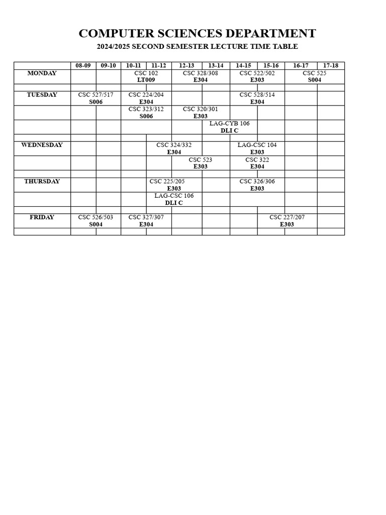 Departmental Lecture Time Table For The 2024-2025 Second Semester | PDF