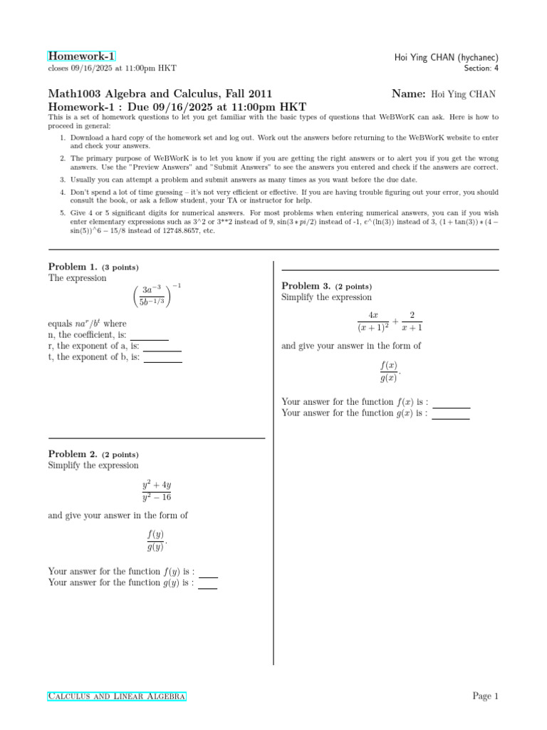 2025 FALL MATH1003.hychanec - Homework-1 | PDF | Applied Mathematics ...