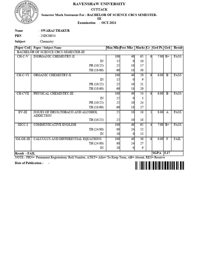 B.Sc. Semester III Mark Statement | PDF | Calculus | Mathematical Analysis