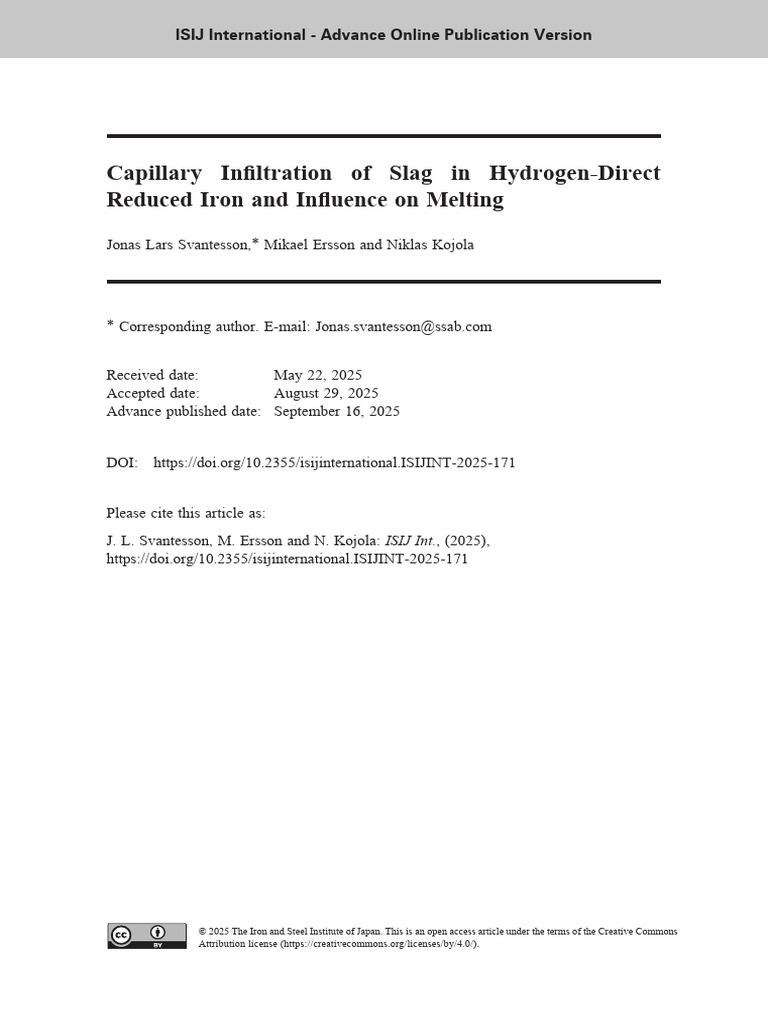 Slag Infiltration in Hydrogen-DRI Melting | PDF | Porosity | Wetting