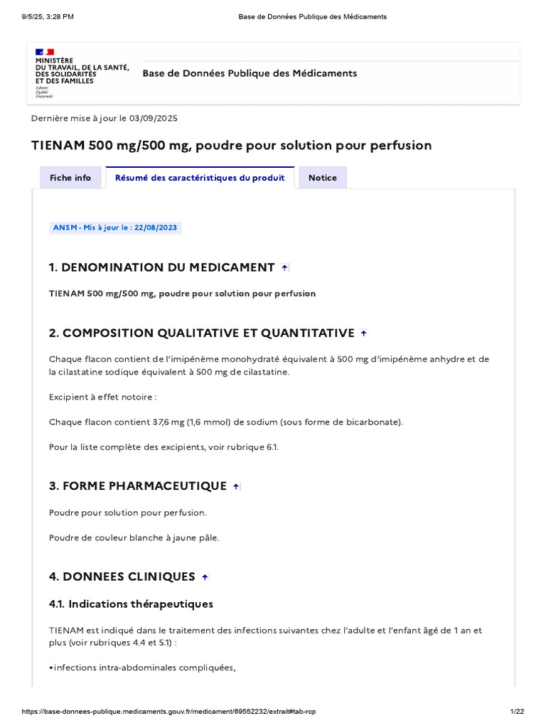 Posologie et indications de Tienam | PDF | Pharmacocinétique | Streptocoque