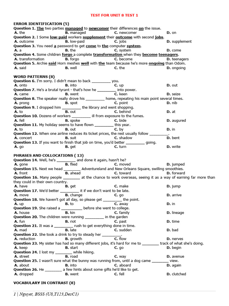 Unit 8 English Test: Error Identification & Vocabulary | PDF