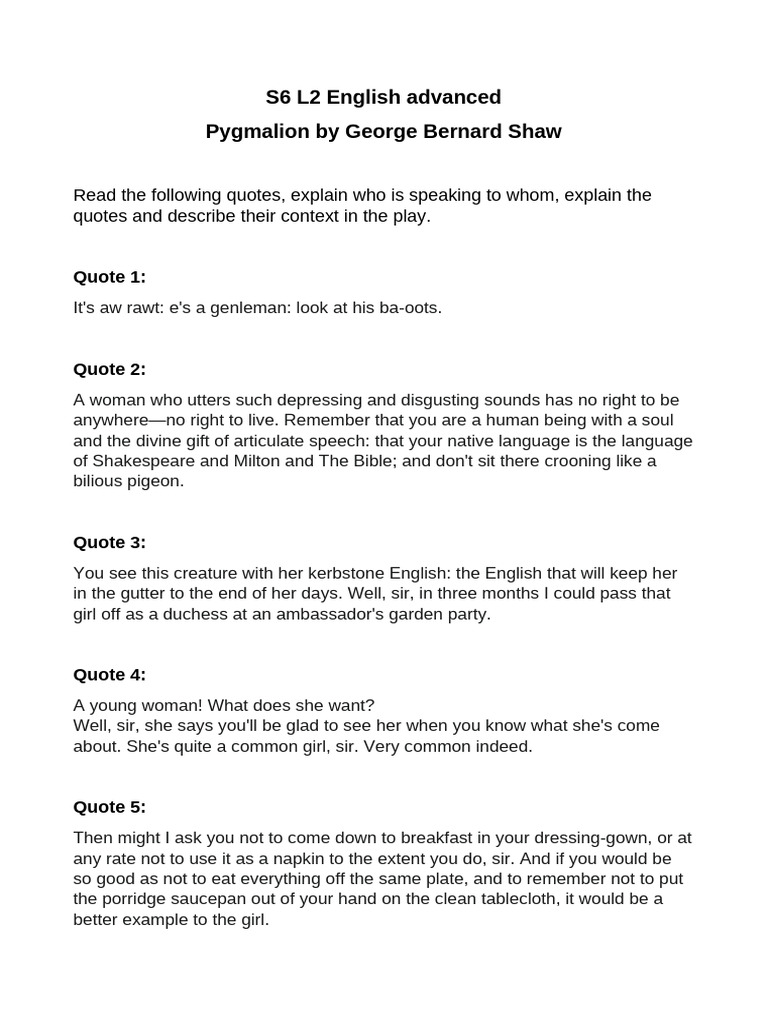 Key Quotes from Pygmalion Explained PDF