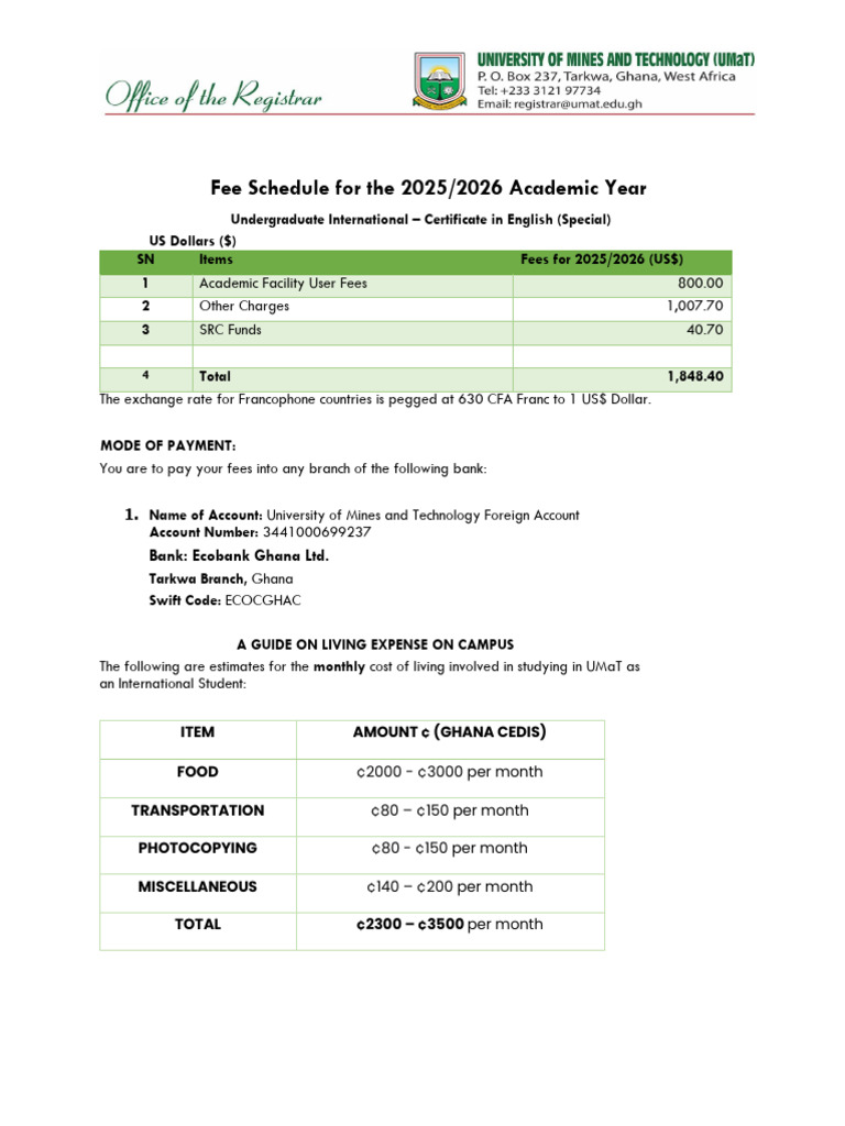 2025/2026 UMaT International Fees Guide | PDF