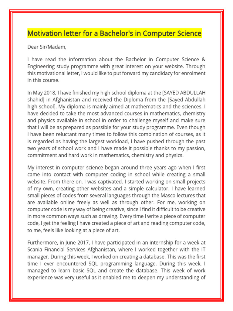 Motivation Letter for Computer Science Degree | PDF | Databases | Computing