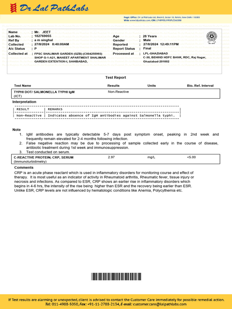 Comprehensive Lab Test Report for Mr. Jeet | PDF | C Reactive Protein ...