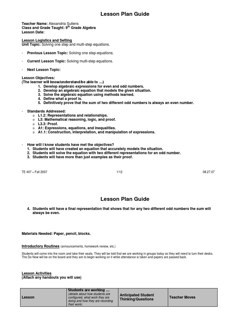 Lesson Plan Guide: TE 407 - Fall 2007 1/12 08.27.07 | PDF ...