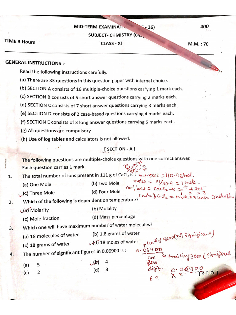 Mid Term (2025-26) Chemistry. Class 11 | PDF