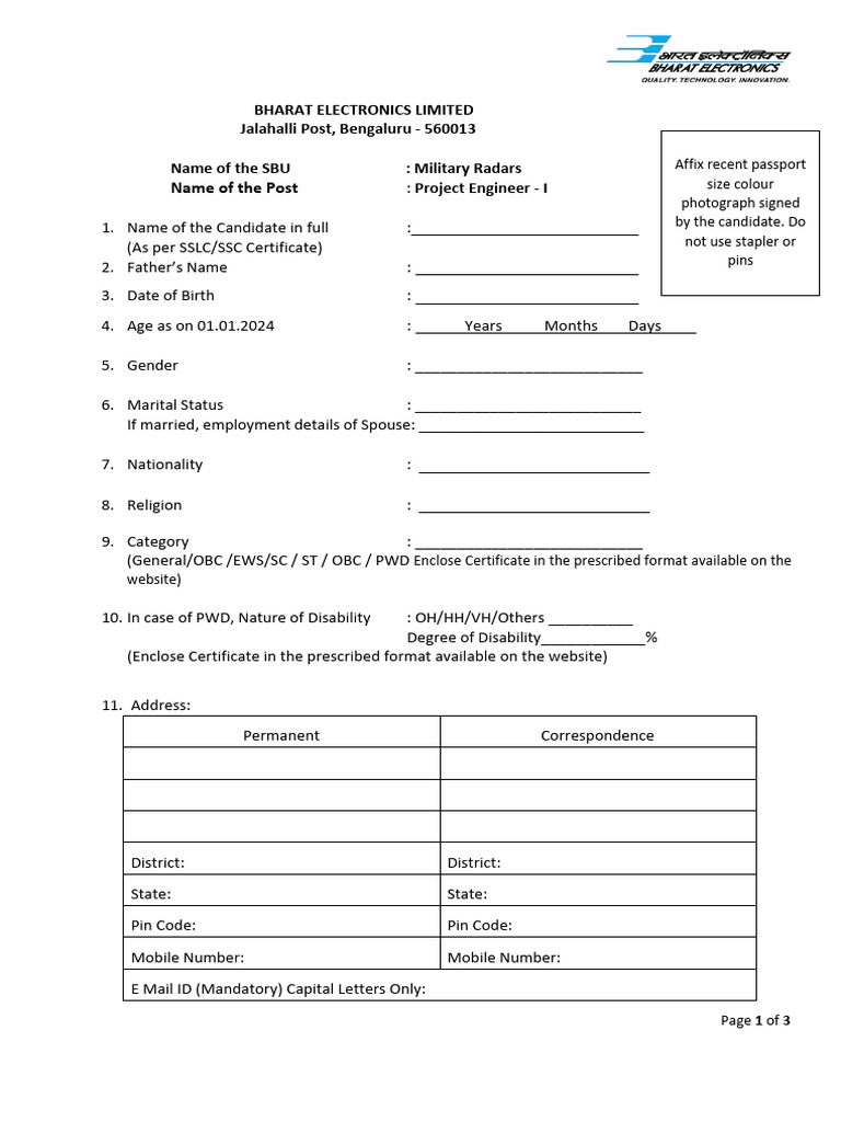 BEL Project Engineer - I Application Form | PDF