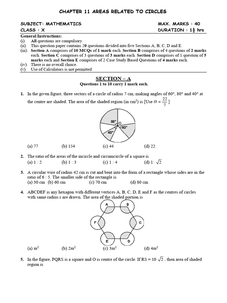 Mathematics Class X: Circle Areas Exam | PDF | Area | Circle