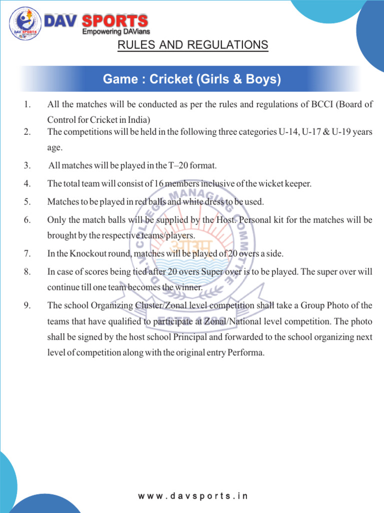 DAV Cricket Rules for U-14 to U-19 | PDF