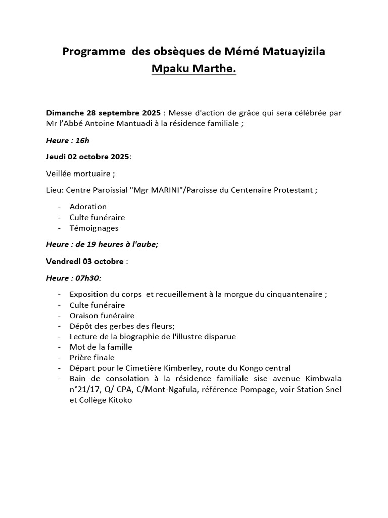 Programme des obsèques de Mémé Matuayizila | PDF