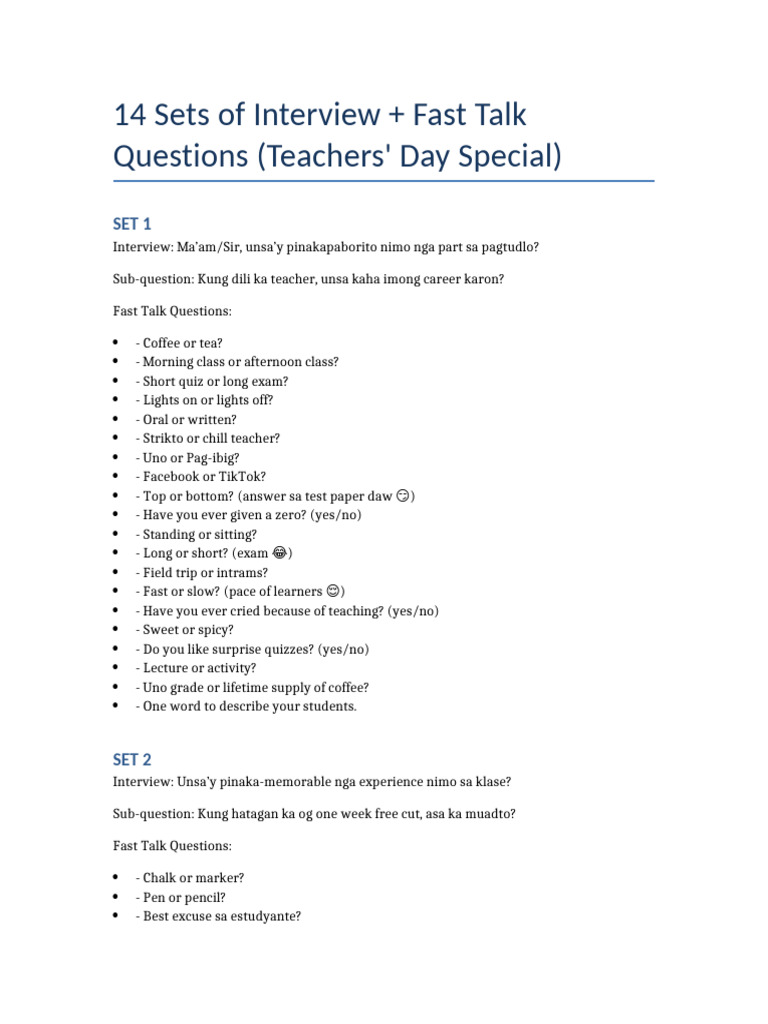 Fast Talk Questions Teachers Day | PDF