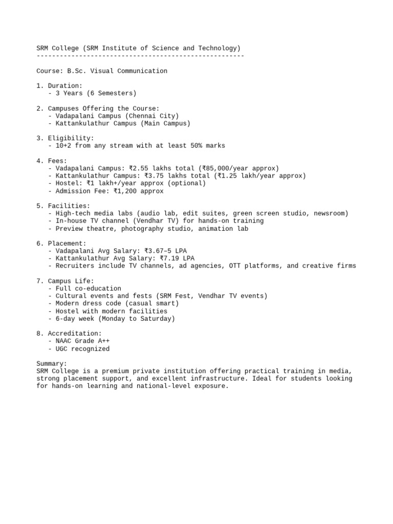 SRM Viscom Course Fees and Details | PDF