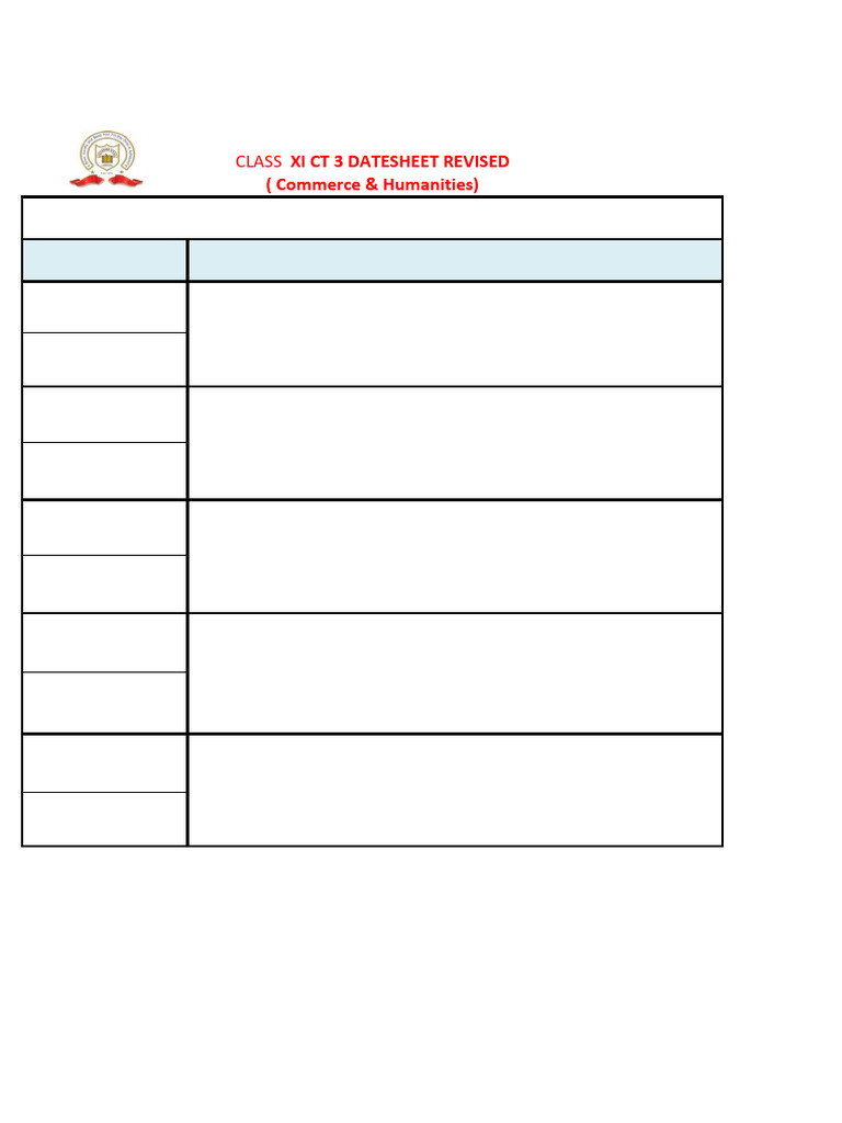 Revised Class XI CT 3 Datesheet | PDF