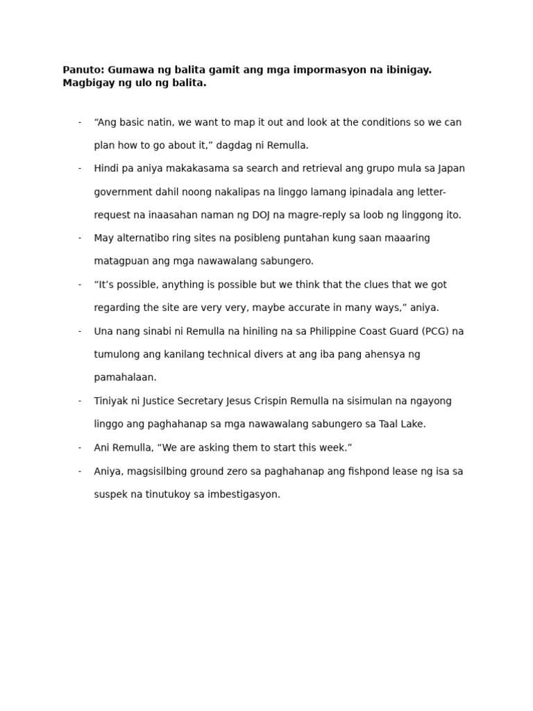 News Writing (Filipino) Worksheet | PDF