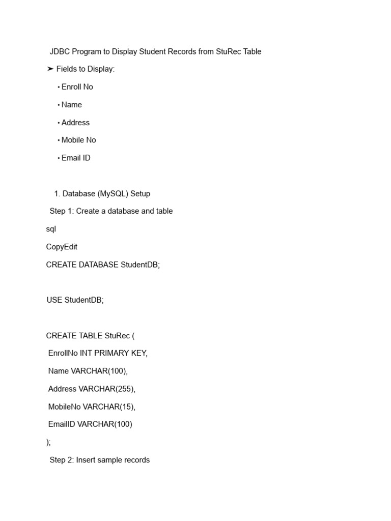 JDBC Student Records Management System | PDF | Databases | Data ...