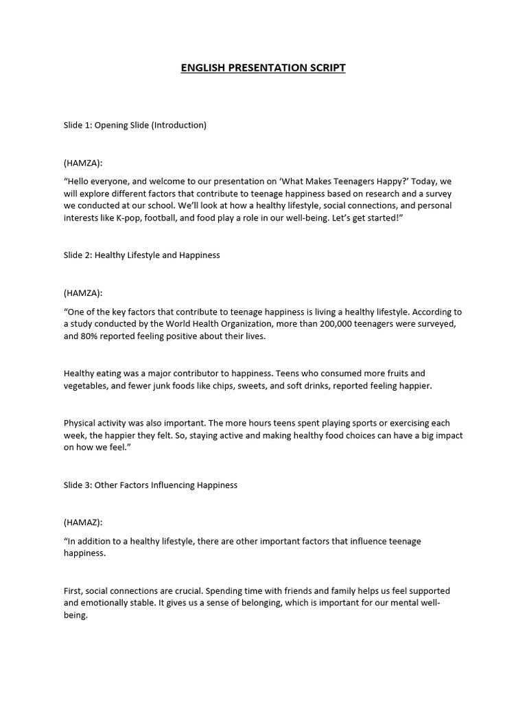 A Simple English Presentation Script | PDF | Adolescence | Happiness