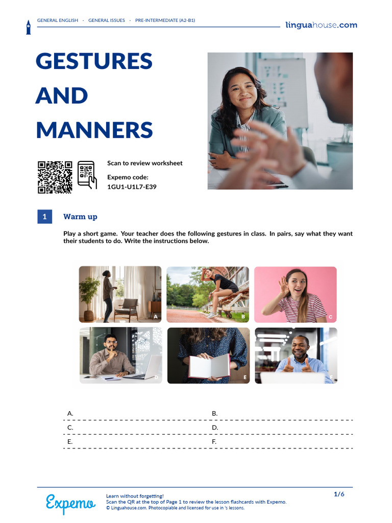 Gestures and Manners for A2-B1 Learners | PDF | Etiquette | Human ...